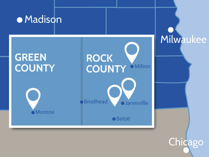 Map of Rock and Green Counties