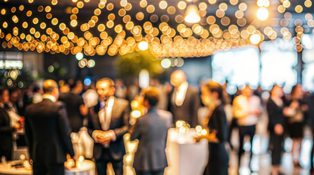 Reception area of a corporate event with attendees blurred in the background.