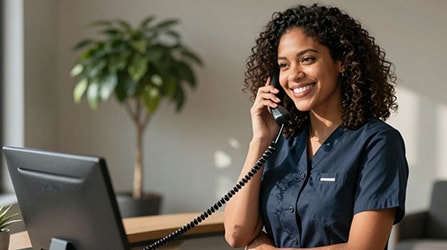 Woman on the phone, smiling, in an office setting