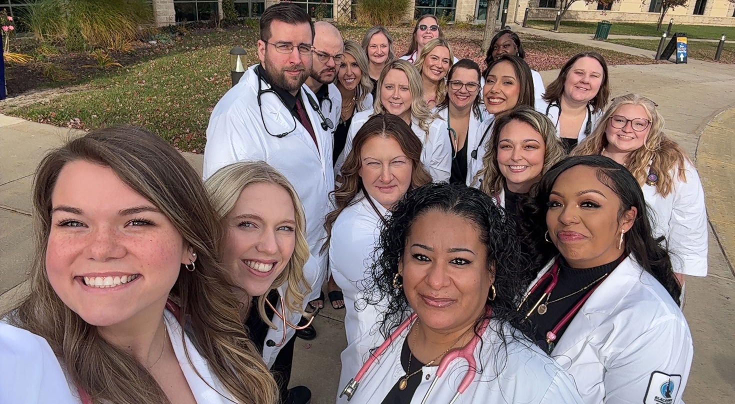 Students in Blackhawk's Nursing program pose outside of the Beloit-Janesville Campus