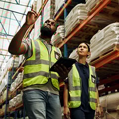 People, factory and worker with technology, cargo and freight for supply chain or shipping company 