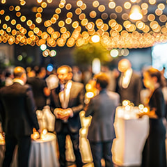 Reception area of a corporate event with attendees blurred in the background.