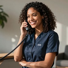 Woman on the phone, smiling, in an office setting
