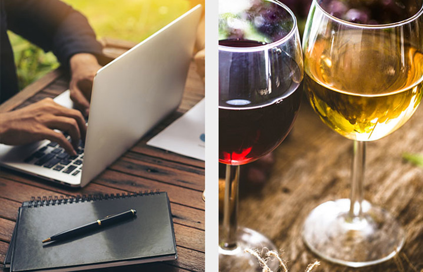 split image of a person using computer and two glasses of wine