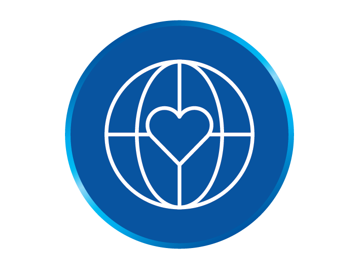 white icon of a heart inside a globe over blue background