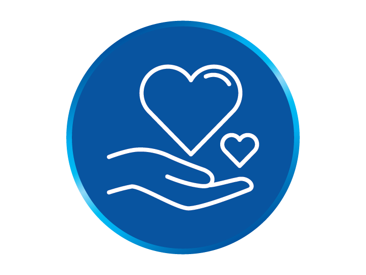 white icon of hand giving hearts over blue background